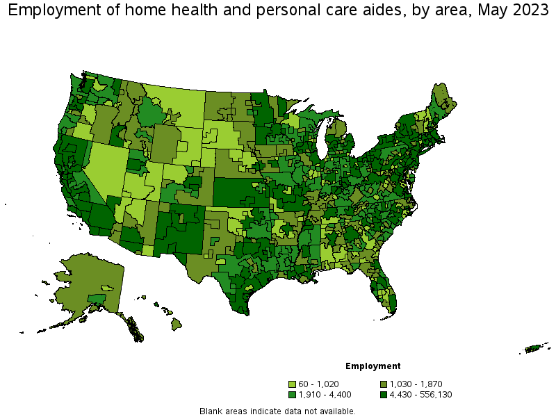 Map of employment of home health and personal care aides by area, May 2023