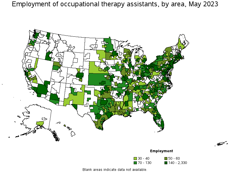 Map of employment of occupational therapy assistants by area, May 2023