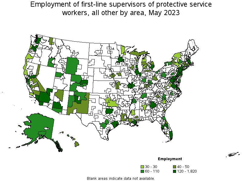 Map of employment of first-line supervisors of protective service workers, all other by area, May 2023