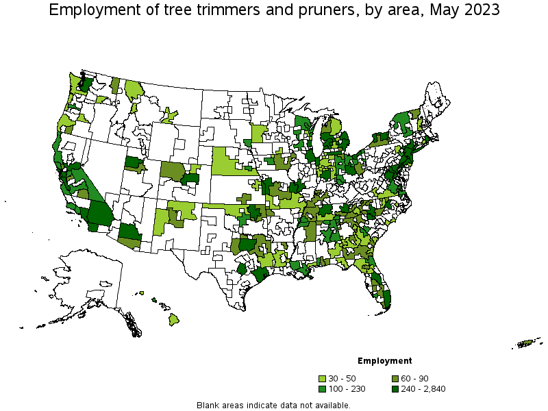 Map of employment of tree trimmers and pruners by area, May 2023