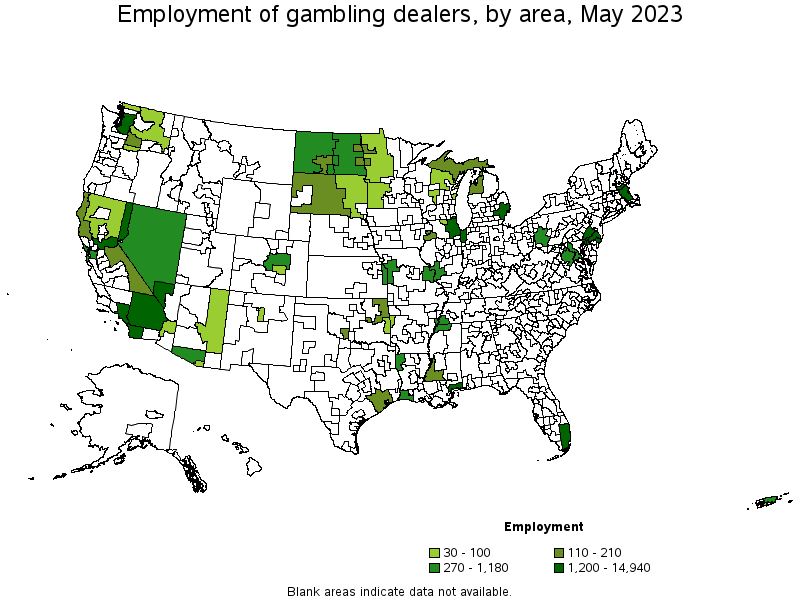 Map of employment of gambling dealers by area, May 2023