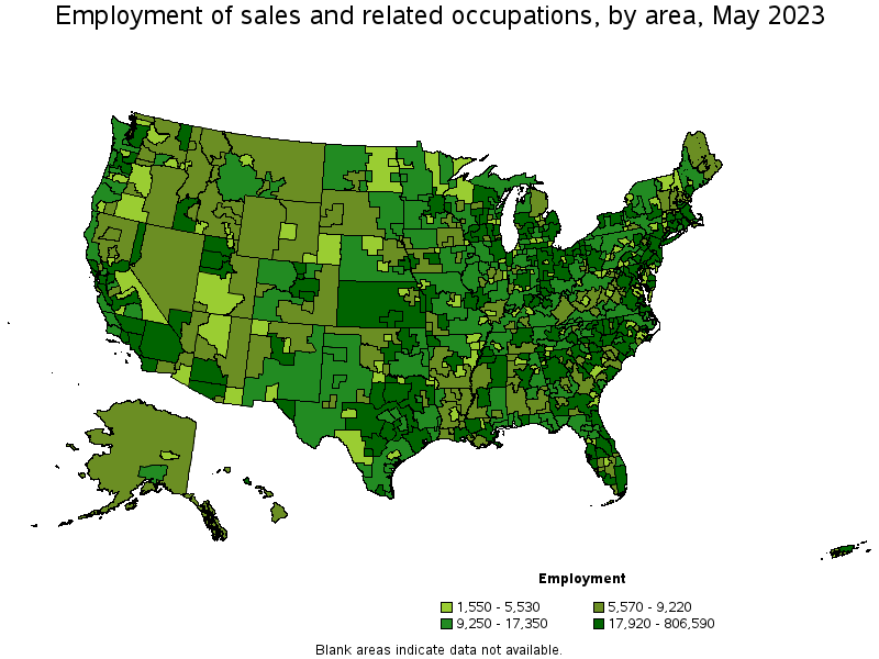 Map of employment of sales and related occupations by area, May 2023