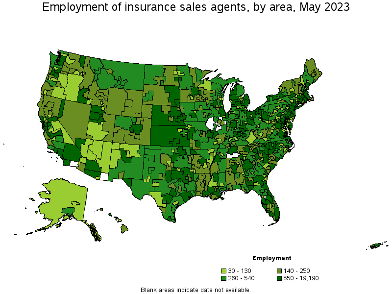 Map of employment of insurance sales agents by area, May 2023
