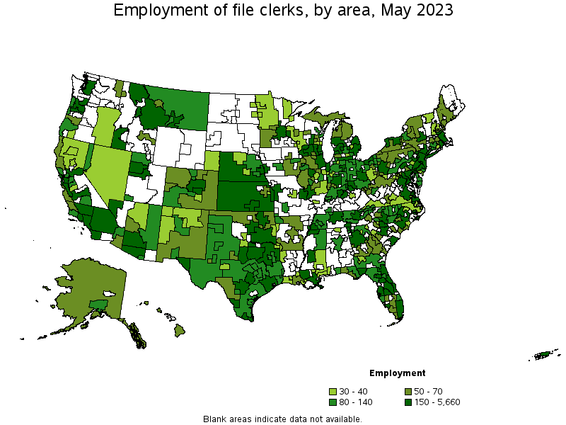Map of employment of file clerks by area, May 2023