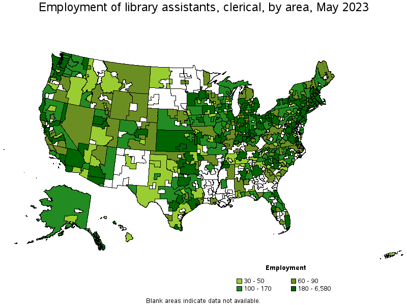 Map of employment of library assistants, clerical by area, May 2023
