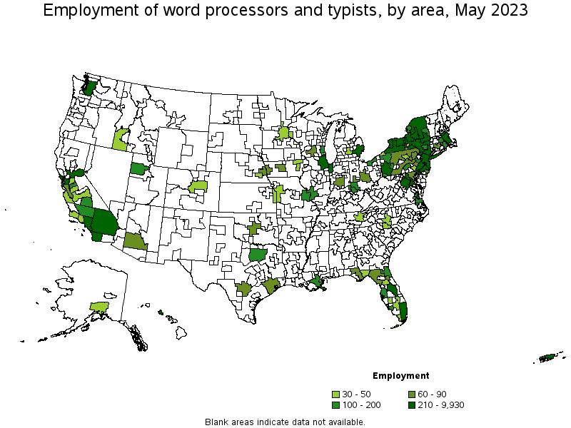 Map of employment of word processors and typists by area, May 2023