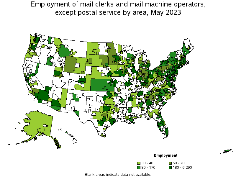 Map of employment of mail clerks and mail machine operators, except postal service by area, May 2023