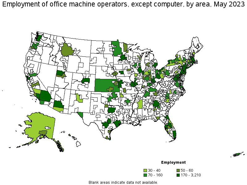 Map of employment of office machine operators, except computer by area, May 2023