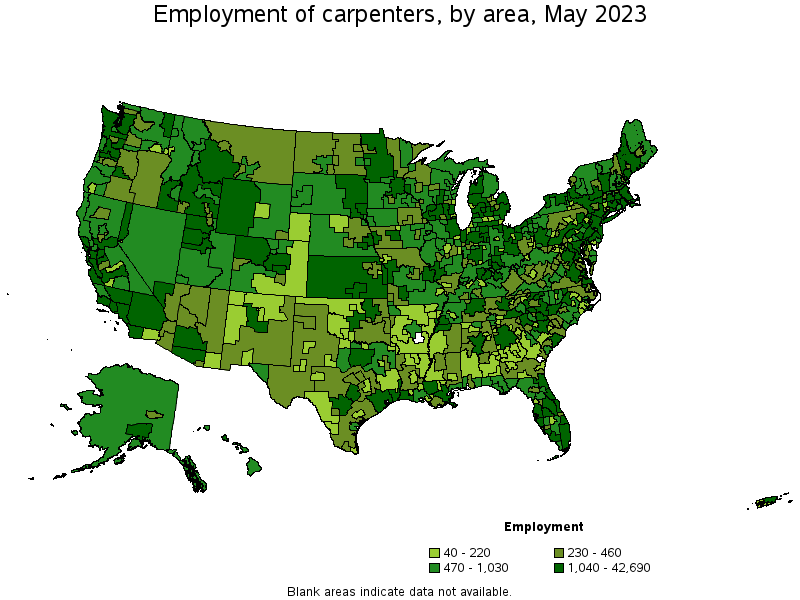Map of employment of carpenters by area, May 2023