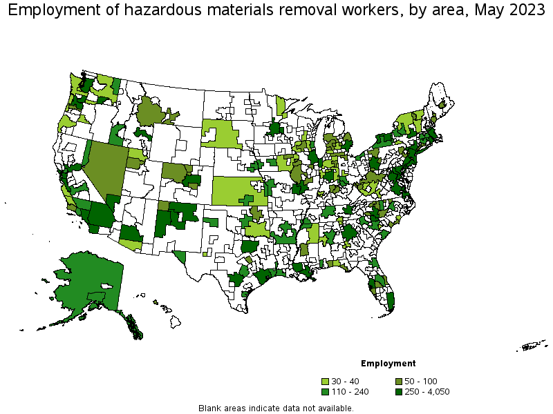Map of employment of hazardous materials removal workers by area, May 2023