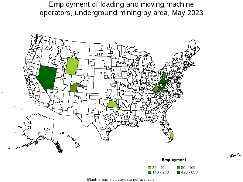 Map of employment of loading and moving machine operators, underground mining by area, May 2023