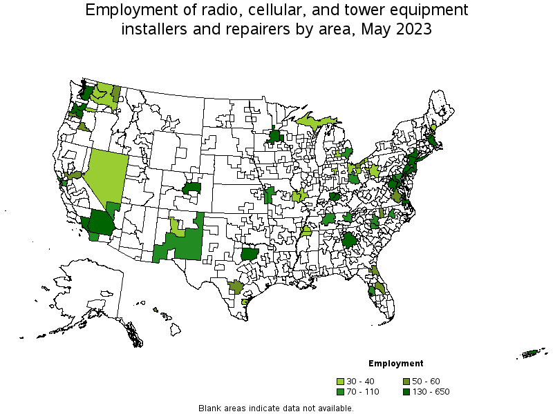 Map of employment of radio, cellular, and tower equipment installers and repairers by area, May 2023