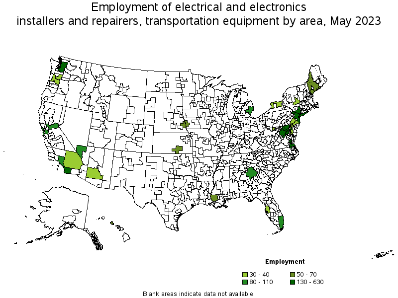 Map of employment of electrical and electronics installers and repairers, transportation equipment by area, May 2023