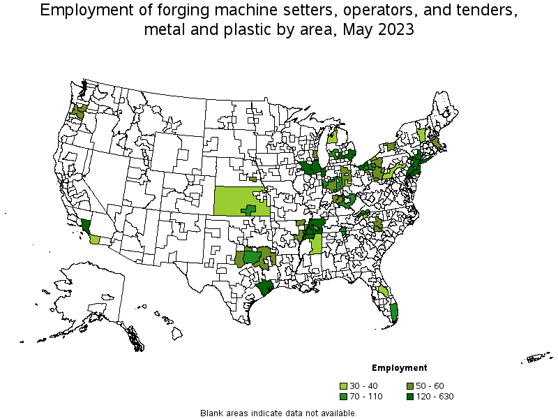 Map of employment of forging machine setters, operators, and tenders, metal and plastic by area, May 2023