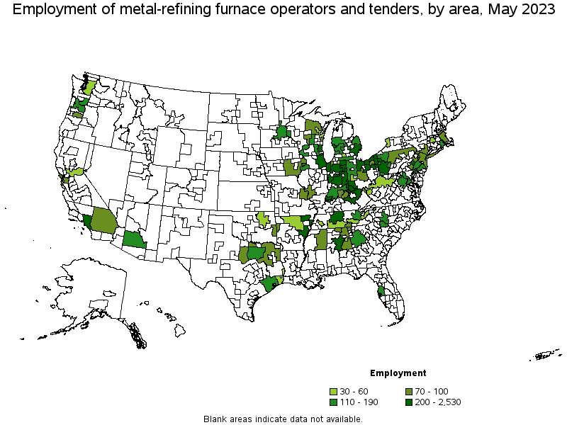 Map of employment of metal-refining furnace operators and tenders by area, May 2023