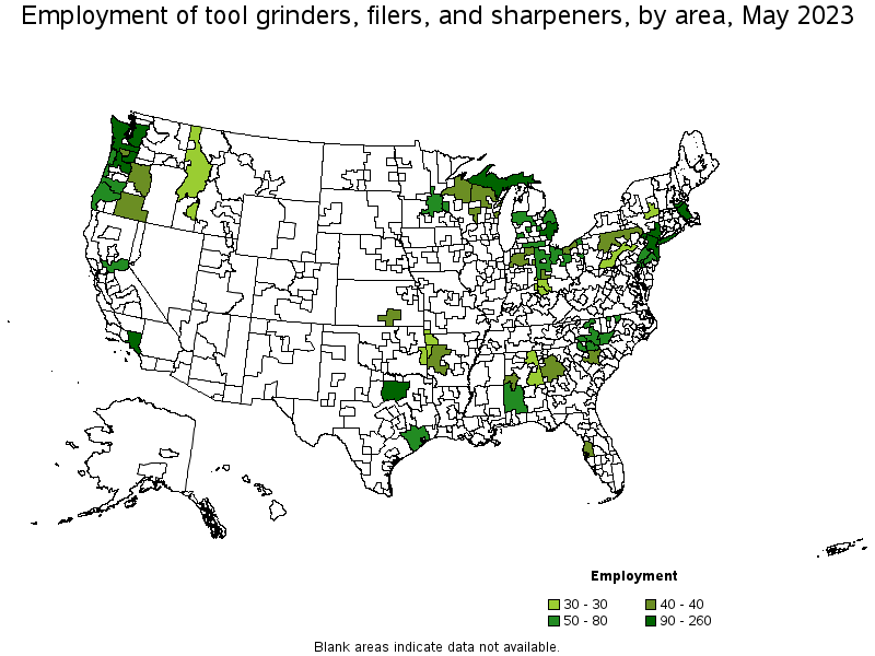 Map of employment of tool grinders, filers, and sharpeners by area, May 2023