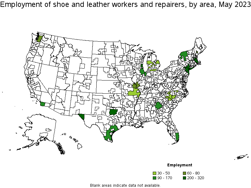 Map of employment of shoe and leather workers and repairers by area, May 2023