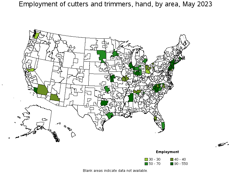 Map of employment of cutters and trimmers, hand by area, May 2023
