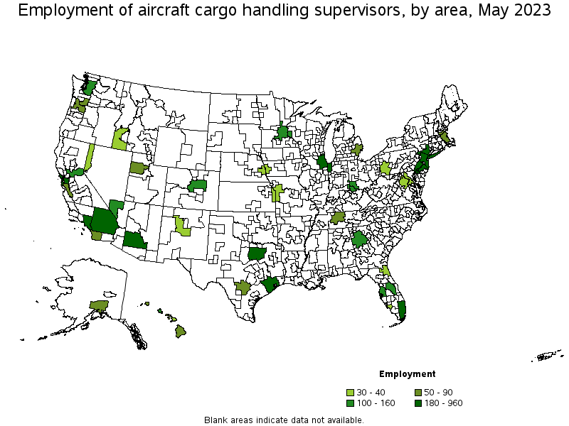 Map of employment of aircraft cargo handling supervisors by area, May 2023