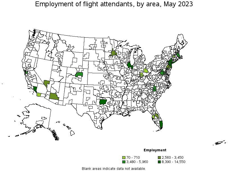 Map of employment of flight attendants by area, May 2023