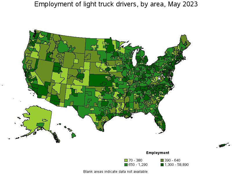 Map of employment of light truck drivers by area, May 2023