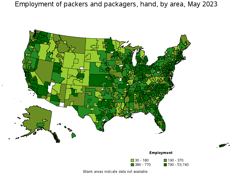 Map of employment of packers and packagers, hand by area, May 2023