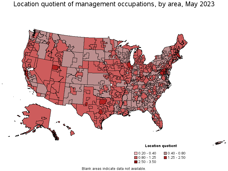 Map of location quotient of management occupations by area, May 2023