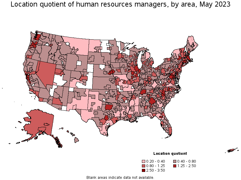 Map of location quotient of human resources managers by area, May 2023
