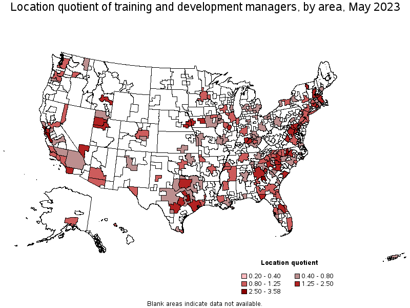 Map of location quotient of training and development managers by area, May 2023