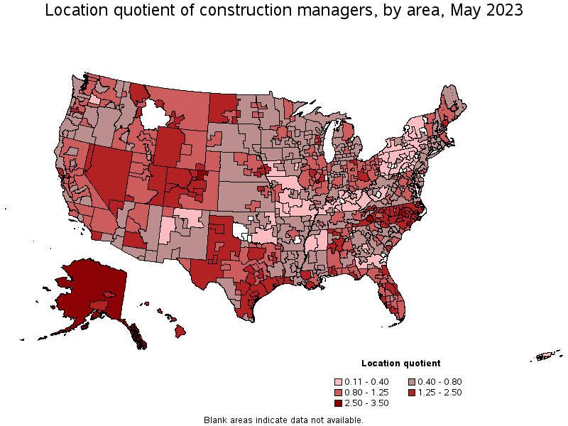 Map of location quotient of construction managers by area, May 2023