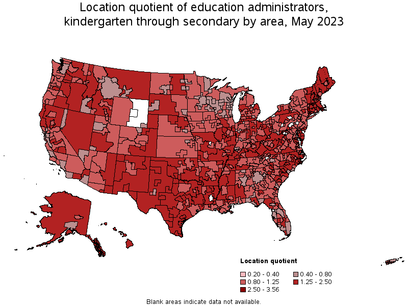 Map of location quotient of education administrators, kindergarten through secondary by area, May 2023