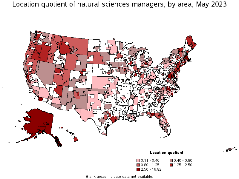 Map of location quotient of natural sciences managers by area, May 2023
