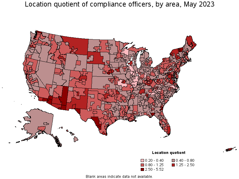 Map of location quotient of compliance officers by area, May 2023