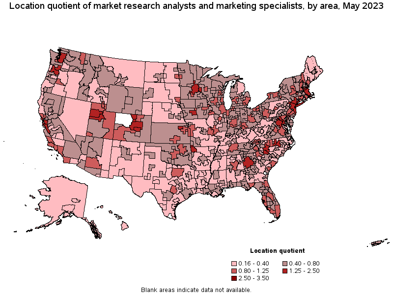 Map of location quotient of market research analysts and marketing specialists by area, May 2023