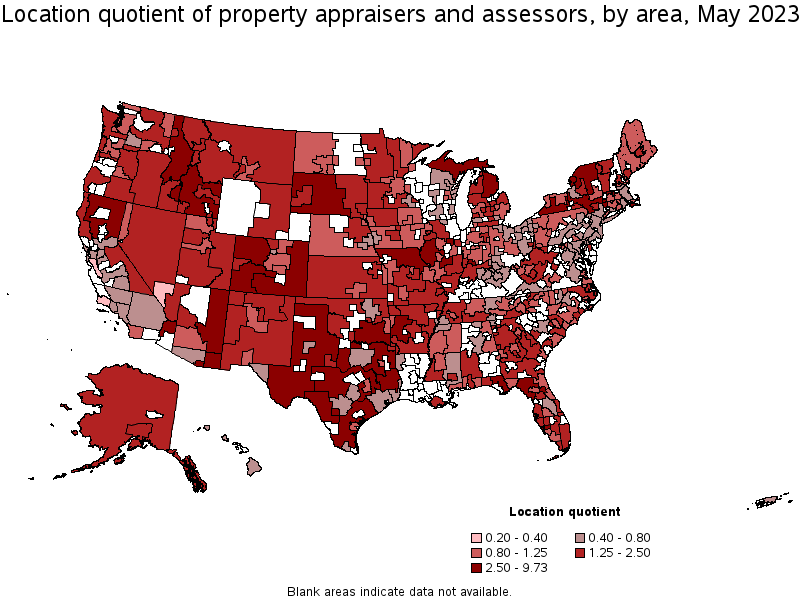 Map of location quotient of property appraisers and assessors by area, May 2023