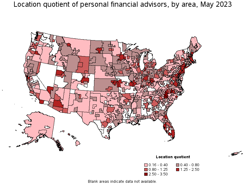 Map of location quotient of personal financial advisors by area, May 2023