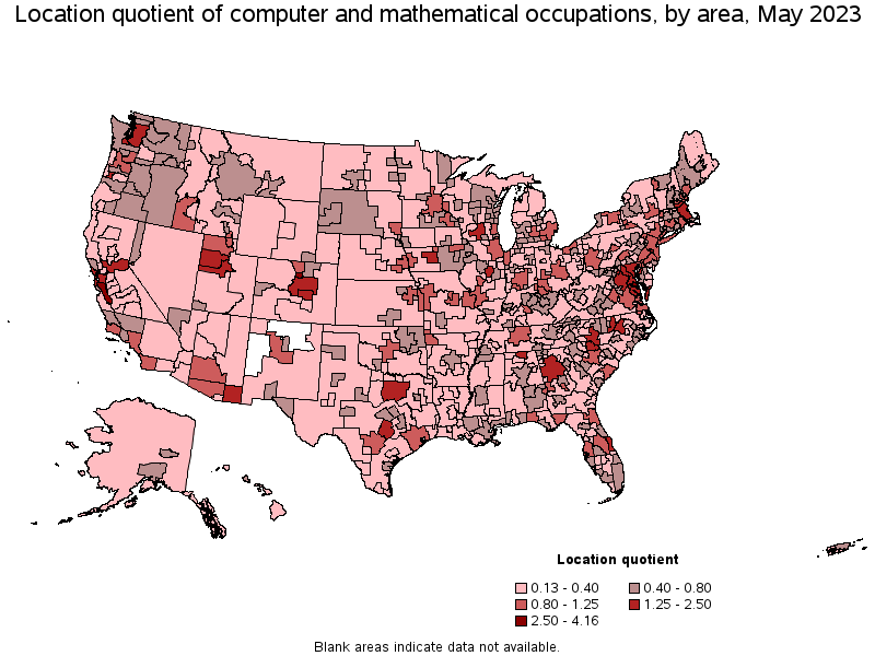 Map of location quotient of computer and mathematical occupations by area, May 2023