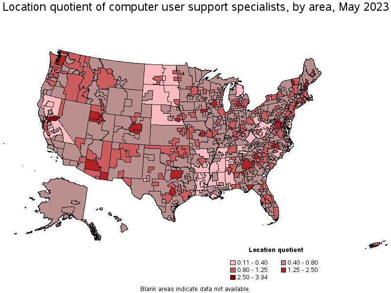 Map of location quotient of computer user support specialists by area, May 2023