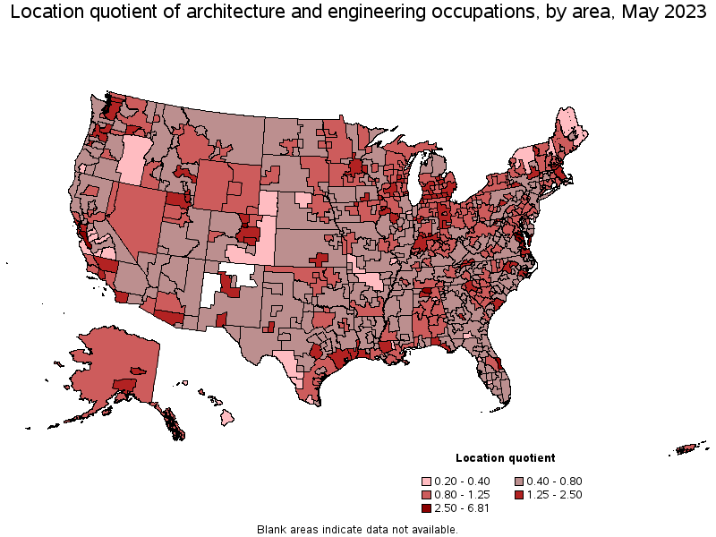 Map of location quotient of architecture and engineering occupations by area, May 2023