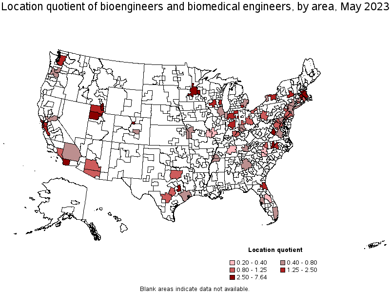 Map of location quotient of bioengineers and biomedical engineers by area, May 2023