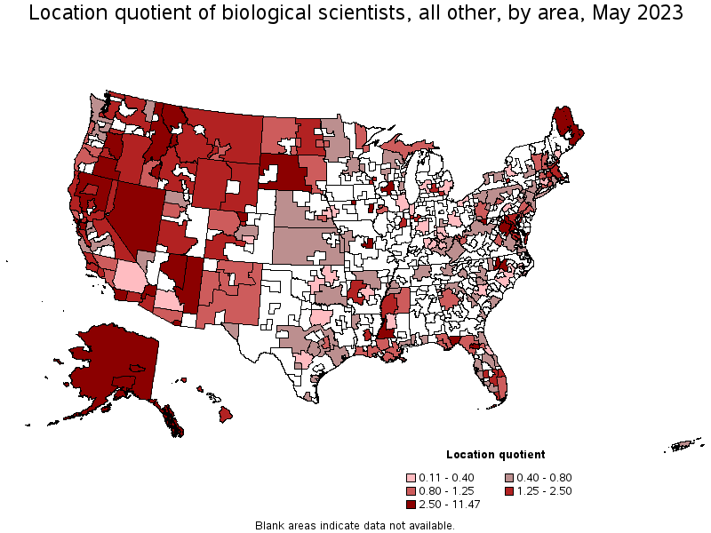 Map of location quotient of biological scientists, all other by area, May 2023