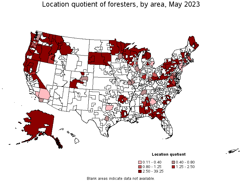 Map of location quotient of foresters by area, May 2023