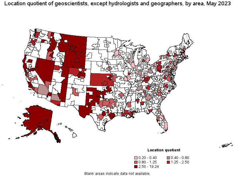 Map of location quotient of geoscientists, except hydrologists and geographers by area, May 2023