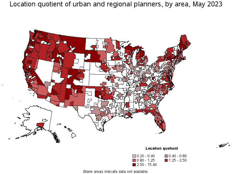 Map of location quotient of urban and regional planners by area, May 2023