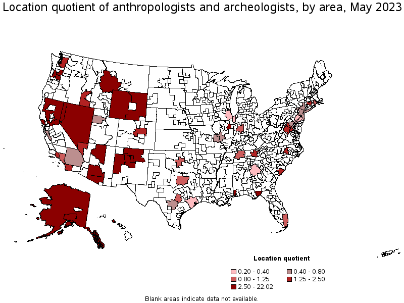 Map of location quotient of anthropologists and archeologists by area, May 2023