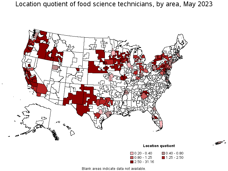 Map of location quotient of food science technicians by area, May 2023