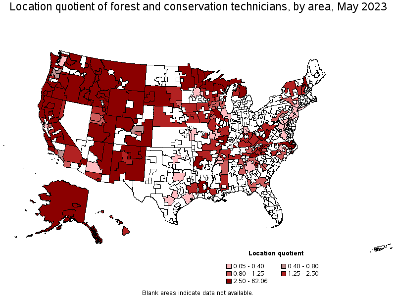 Map of location quotient of forest and conservation technicians by area, May 2023