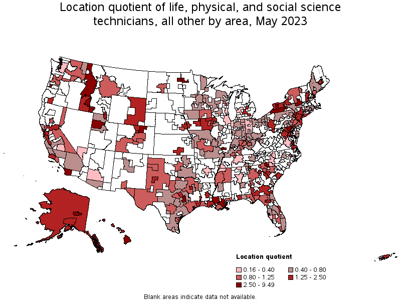 Map of location quotient of life, physical, and social science technicians, all other by area, May 2023