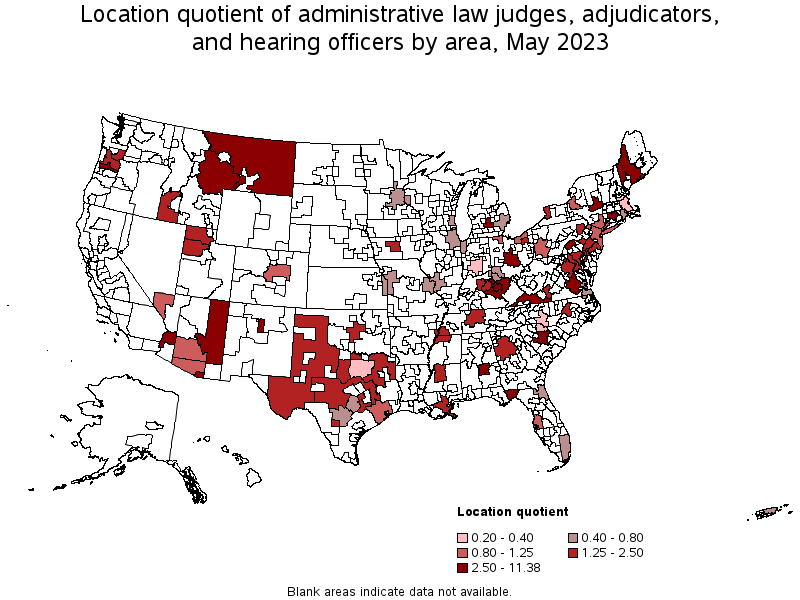 Map of location quotient of administrative law judges, adjudicators, and hearing officers by area, May 2023