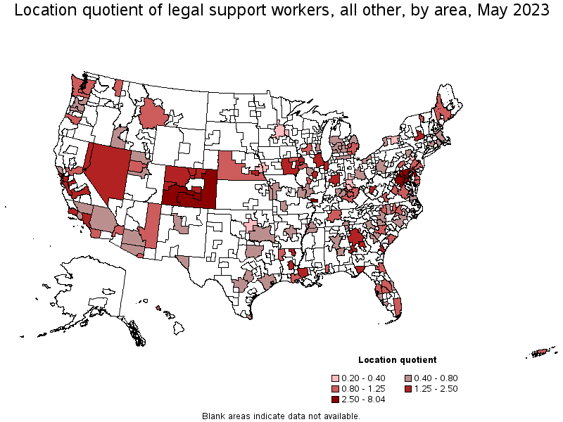 Map of location quotient of legal support workers, all other by area, May 2023